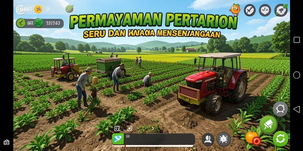 Screenshot gameplay 6RT menampilkan petak pertanian yang subur dan berwarna-warni.