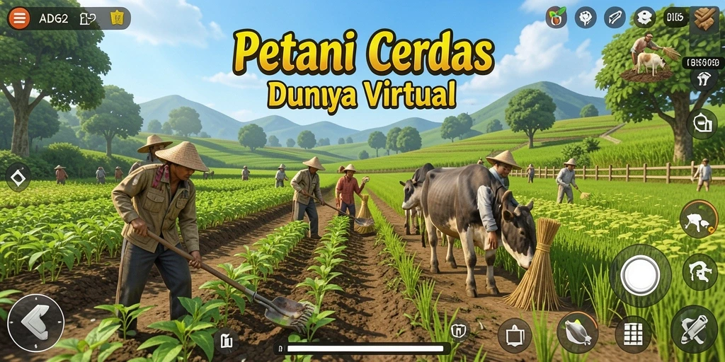 Tampilan gameplay ADG62 dengan aktor petani dan lahan yang subur.