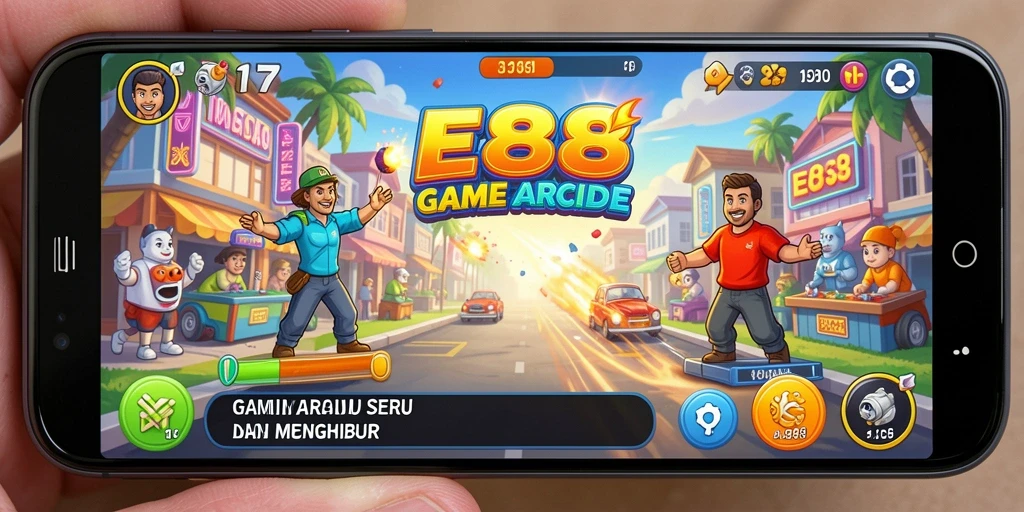 Screenshot E88 menampilkan gameplay Arcade yang penuh warna dan aksi.