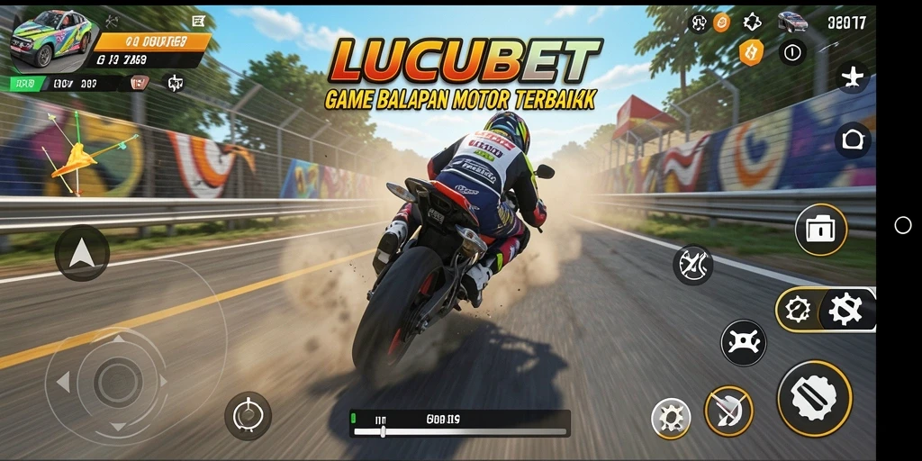 Tampilan gameplay LUCUBET dengan aksi balapan motor yang seru.