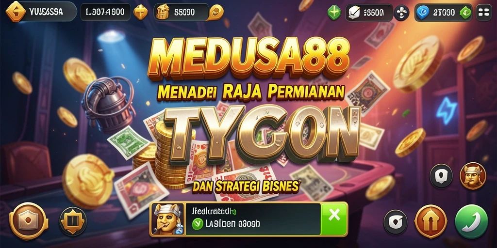Screenshot utama MEDUSA88 menampilkan aksi membangun imperium bisnis tycoon.