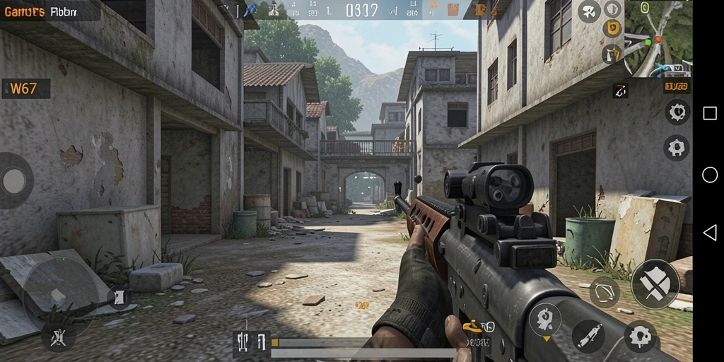 Screenshot gameplay W67 menunjukkan aksi menembak yang intens dan mendebarkan.