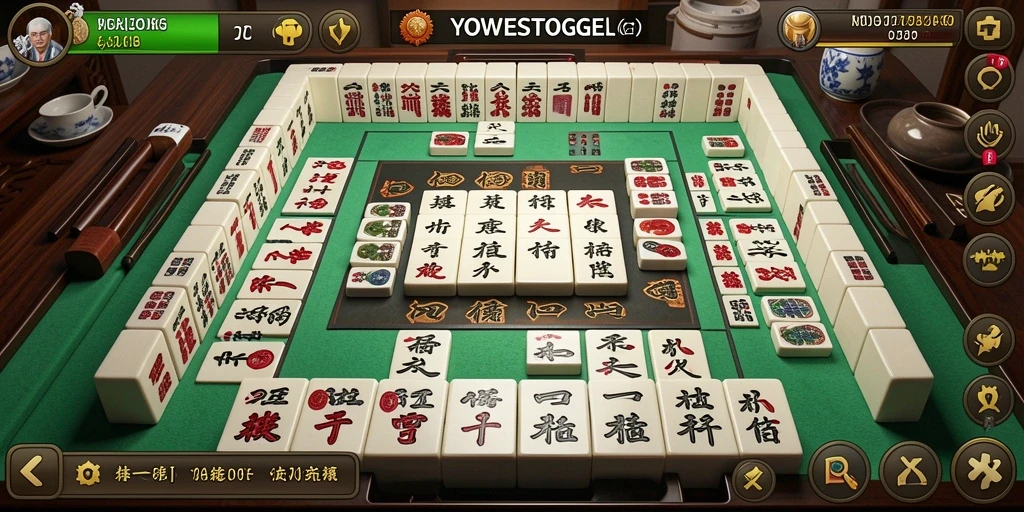 Tampilan gameplay seru YOWESTOGEL dengan ubin Mahjong berwarna-warni.